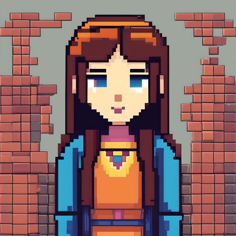 Pixel Kunst,Pixel Kunst, Menschen, Mädchen, 1Mädchen, Solo, braune Haare, blaue Augen, lange Haare