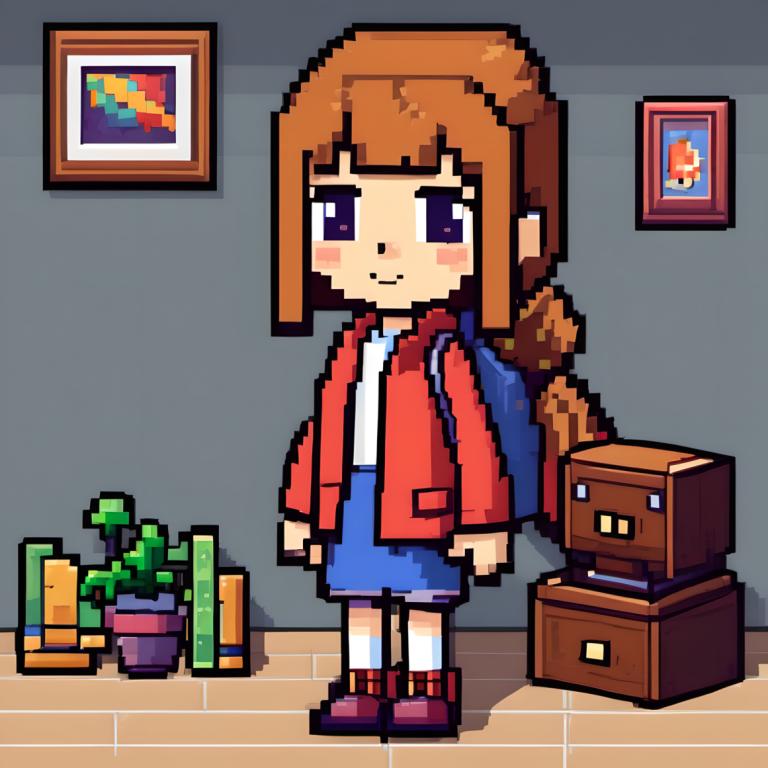 Pixel Art,Pixel Art, People, girl, 1girl, brown hair, solo, blush stickers, backpack, skirt, jacket, smile