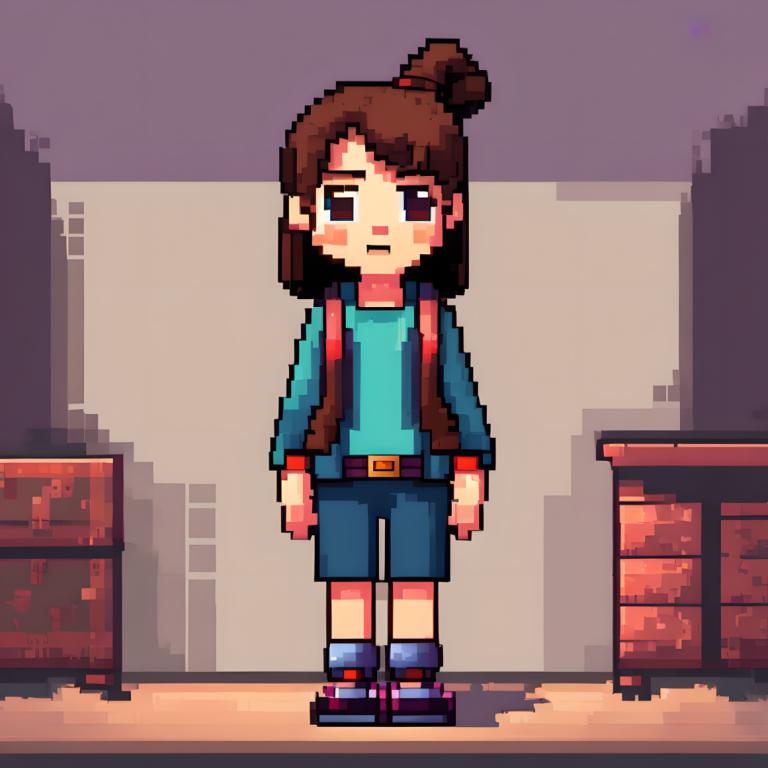 Pixel Art,Pixel Art, People, girl, 1girl, solo, brown hair, shirt, shorts, belt, standing, full body