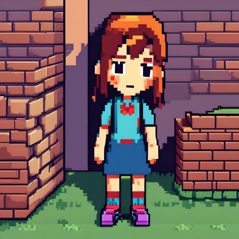 Pixel Art,Pixel Art, People, girl, 1girl, solo, shirt, brick wall, brown hair, short sleeves, standing, socks