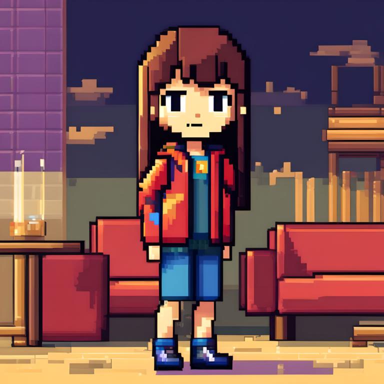 Pixel Art,Pixel Art, People, girl, brown hair, solo, 1girl, shirt, shorts, long hair, blue shorts, jacket