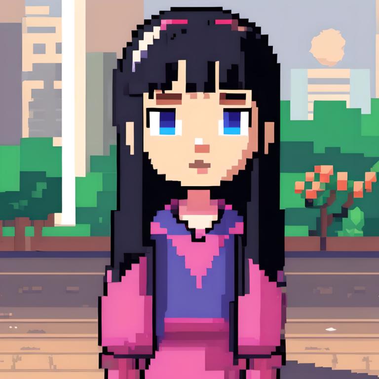 Pixel Art,Pixel Art, People, girl, 1girl, solo, blue eyes, black hair, long hair, bangs, outdoors