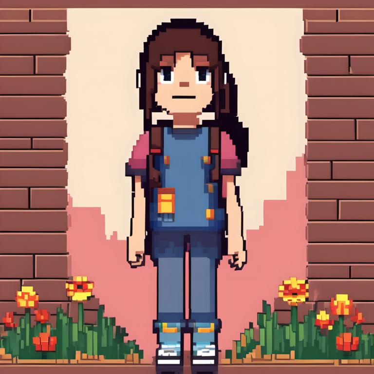 Pixel Art,Pixel Art, People, girl, brown hair, shirt, brick wall, flower, solo, overalls, short sleeves