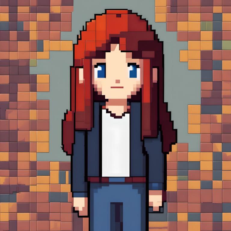 Pixel Art,Pixel Art, People, girl, solo, blue eyes, long hair, shirt, arms at sides, white shirt, pants