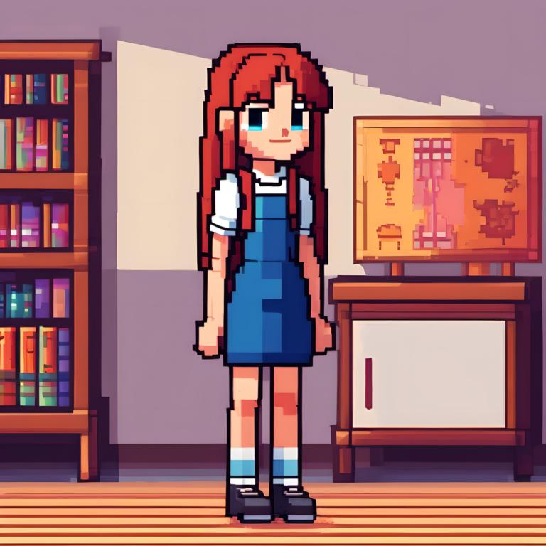 Pixel Art,Pixel Art, People, girl, 1girl, bookshelf, long hair, solo, shirt, blue eyes, socks, white shirt