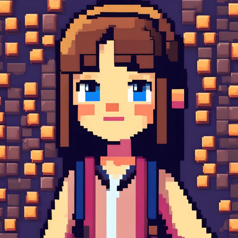 Pixel Art,Pixel Art, People, girl, 1girl, solo, brown hair, blue eyes, long hair, looking at viewer