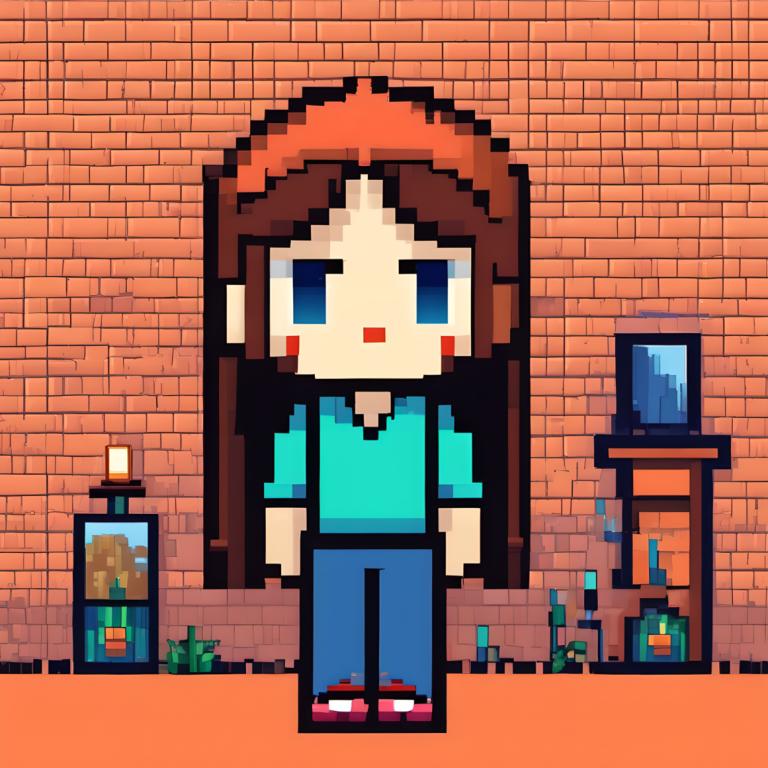 Pixel Art,Pixel Art, People, girl, 1girl, solo, brick wall, brown hair, blue eyes, shirt, long hair, pants