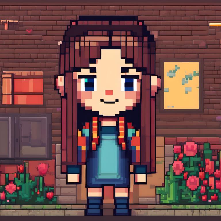 Pixel Art,Pixel Art, People, girl, brown hair, 1girl, solo, blue eyes, long hair, flower, smile, brick wall