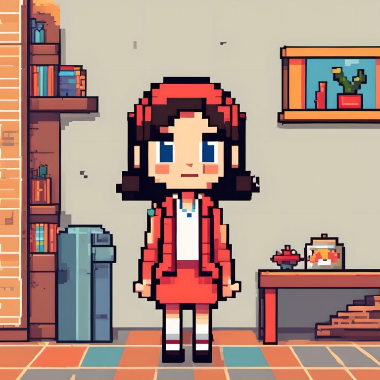 Pixel Art,Pixel Art, People, girl, 1girl, solo, blue eyes, brown hair, indoors, skirt, short hair