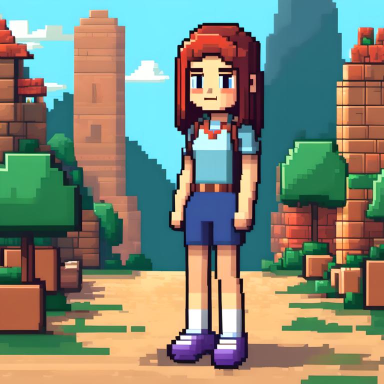 Pixel Art,Pixel Art, People, girl, solo, 1girl, shirt, shorts, outdoors, brown hair, blue shirt, long hair