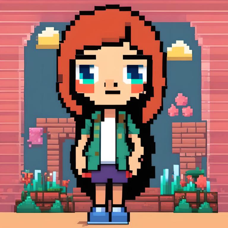 Pixel Art,Pixel Art, People, girl, solo, shirt, blue eyes, heart, brick wall, standing, 1girl, long hair