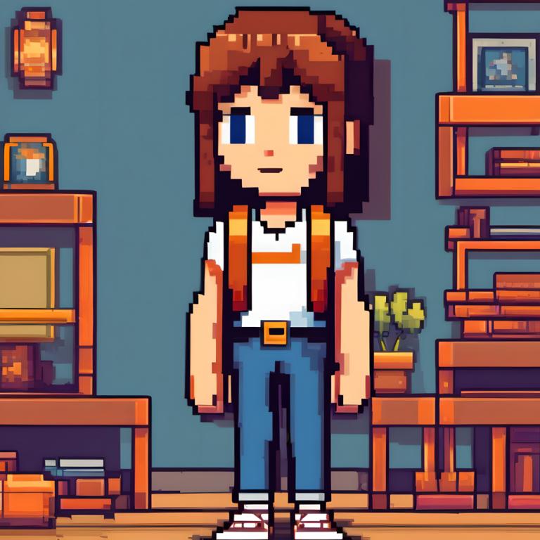 Pixel Art,Pixel Art, People, girl, brown hair, solo, shirt, blue eyes, belt, pants, white shirt, plant