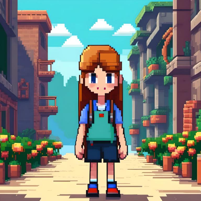 Pixel Art,Pixel Art, People, girl, solo, shirt, brown hair, blue eyes, long hair, outdoors, shorts, smile