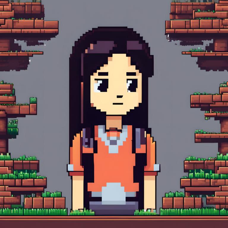 Pixel Art,Pixel Art, People, girl, 1girl, solo, long hair, black eyes, black hair, shirt, grey background