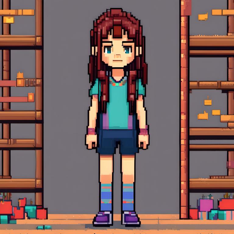 Pixel Art,Pixel Art, People, girl, 1girl, shirt, solo, shorts, brown hair, long hair, purple footwear