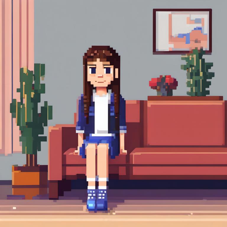 Pixel Art,Pixel Art, People, girl, 1girl, solo, brown hair, jacket, long hair, couch, shirt, sitting