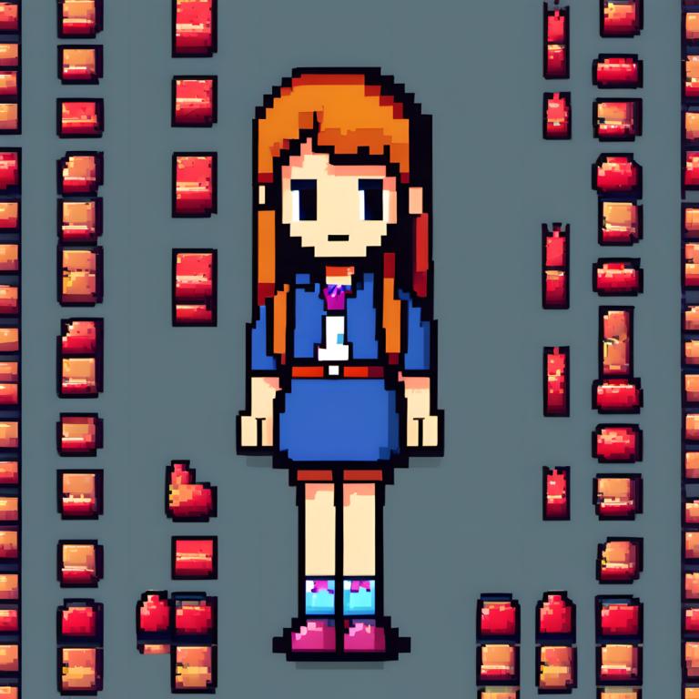 Pixel Art,Pixel Art, People, girl, 1girl, solo, grey background, arms at sides, long hair, brown hair