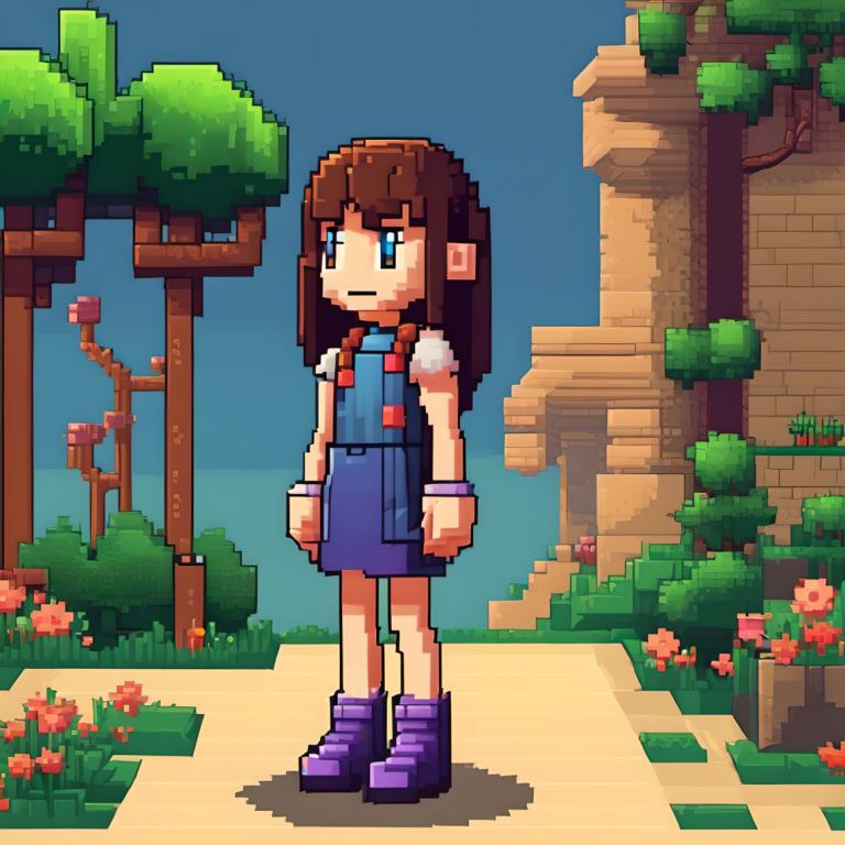 Pixel Art,Pixel Art, People, girl, 1girl, brown hair, solo, long hair, outdoors, blue eyes, flower, standing