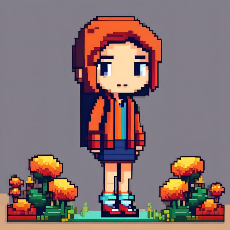 Pixel Art,Pixel Art, People, girl, 1girl, solo, grey background, skirt, flower, blue eyes, orange jacket