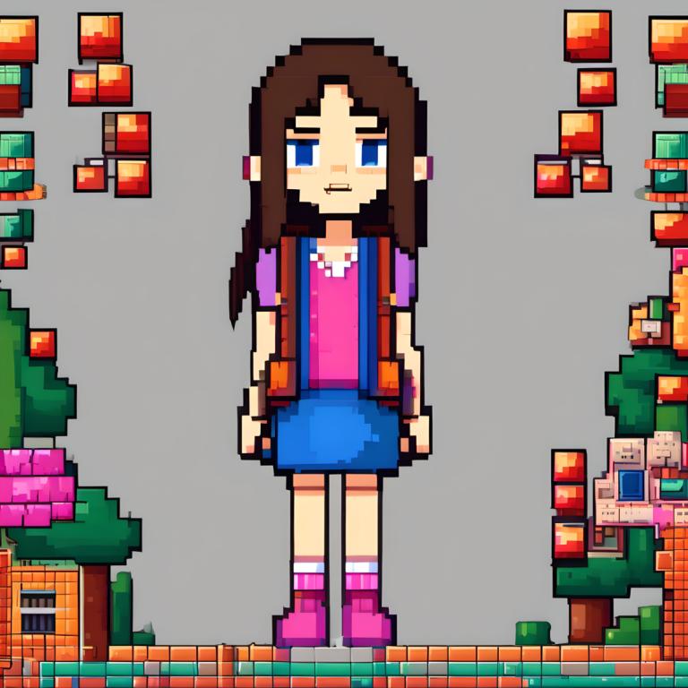 Pixel Art,Pixel Art, People, girl, 1girl, solo, blue eyes, brown hair, skirt, shirt, long hair