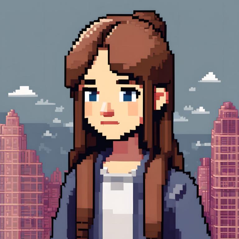 Pixel Art,Pixel Art, People, girl, solo, brown hair, blue eyes, facial hair, shirt, cloud, long hair