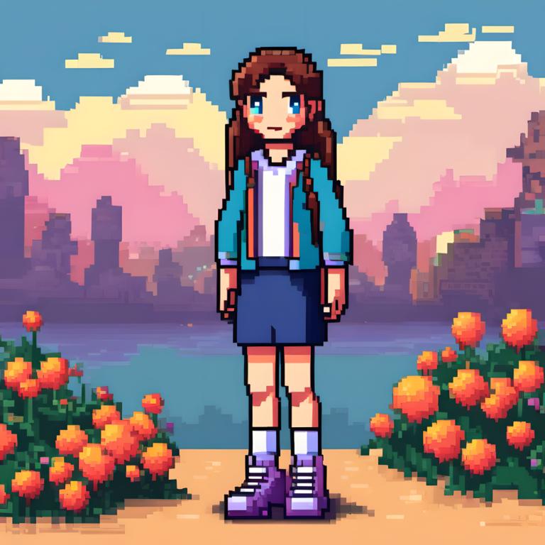 Pixel Art,Pixel Art, People, girl, solo, brown hair, flower, long hair, 1girl, shirt, outdoors, cloud, jacket