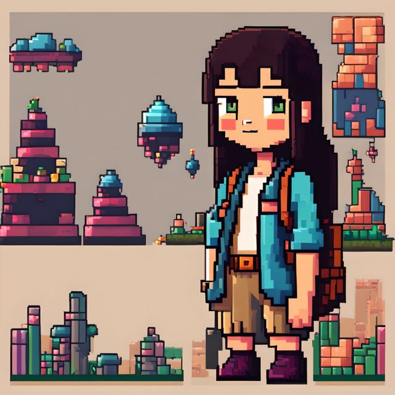 Pixel Art,Pixel Art, People, girl, green eyes, long hair, 1girl, shorts, brown shorts, bag, black hair, solo