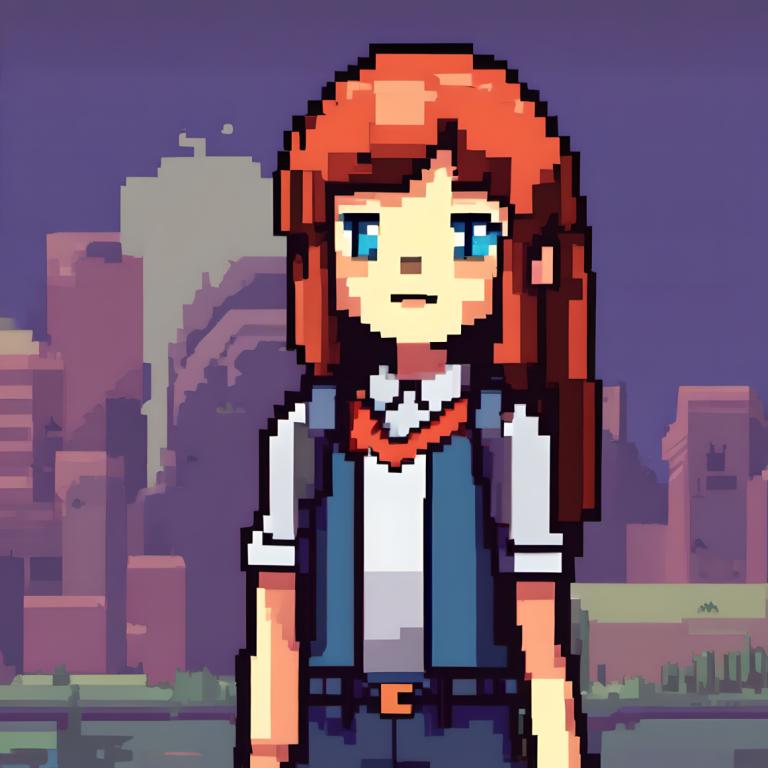 Pixel Art,Pixel Art, People, girl, solo, blue eyes, 1girl, long hair, belt, shirt, outdoors, short sleeves