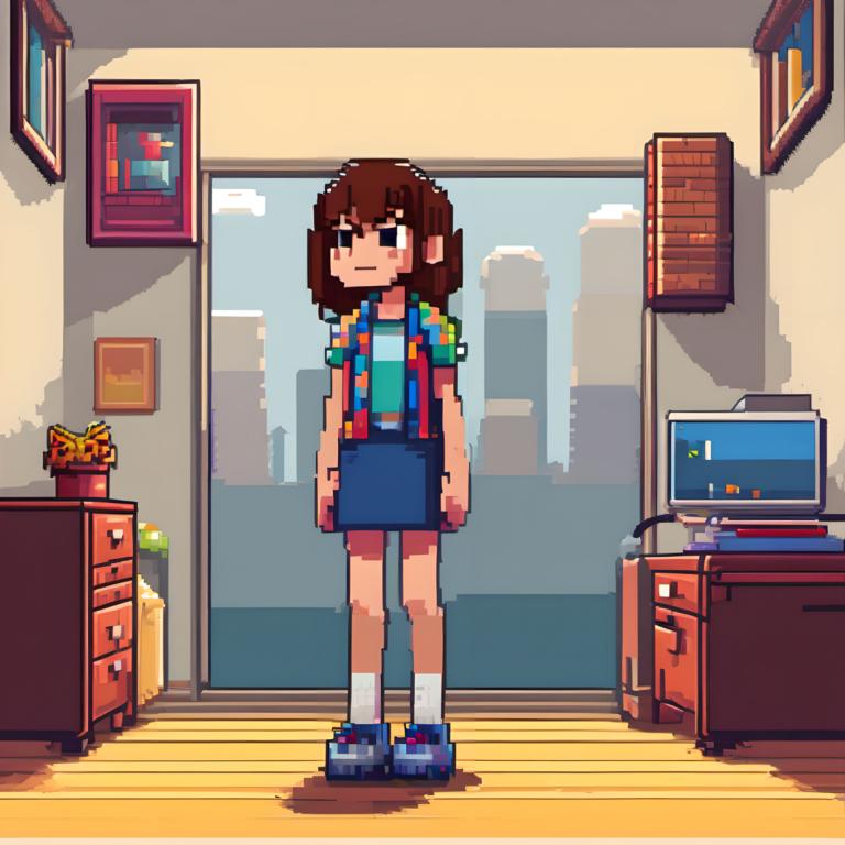 Pixel Art,Pixel Art, People, girl, 1girl, brown hair, solo, shirt, skirt, indoors, socks, television