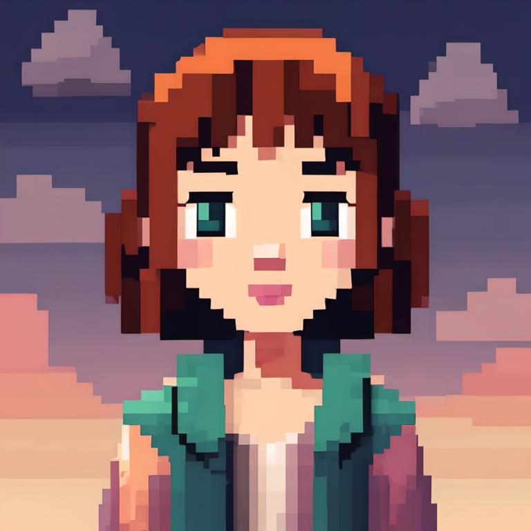 Pixel Art,Pixel Art, People, girl, 1girl, solo, brown hair, green eyes, short hair, cloud, open mouth