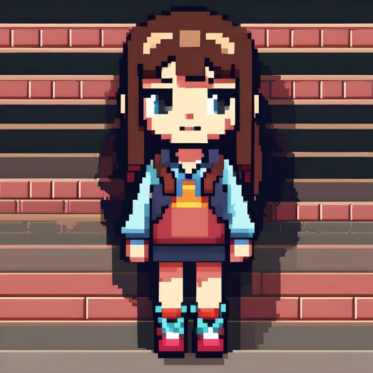 Pixel Art,Pixel Art, People, girl, 1girl, solo, brown hair, long hair, shirt, skirt, blue eyes, long sleeves