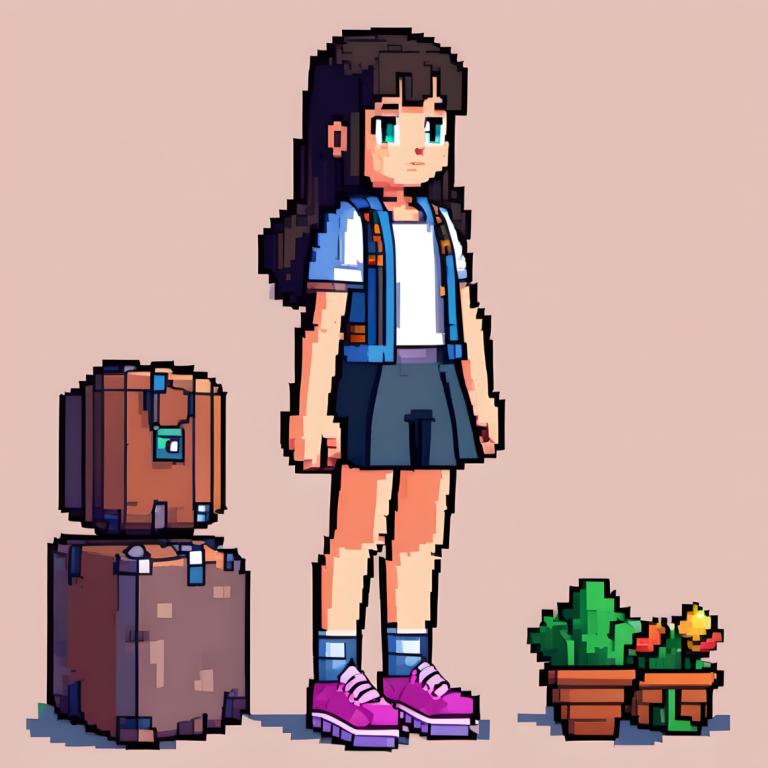 Pixel Art,Pixel Art, People, girl, 1girl, solo, shorts, shirt, long hair, white shirt, black hair