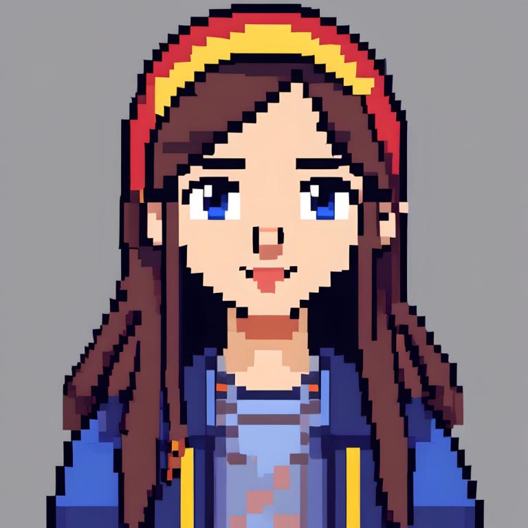 Pixel Kunst,Pixel Kunst, Menschen, Mädchen, Solo, 1Mädchen, blaue Augen, braune Haare, grauer Hintergrund