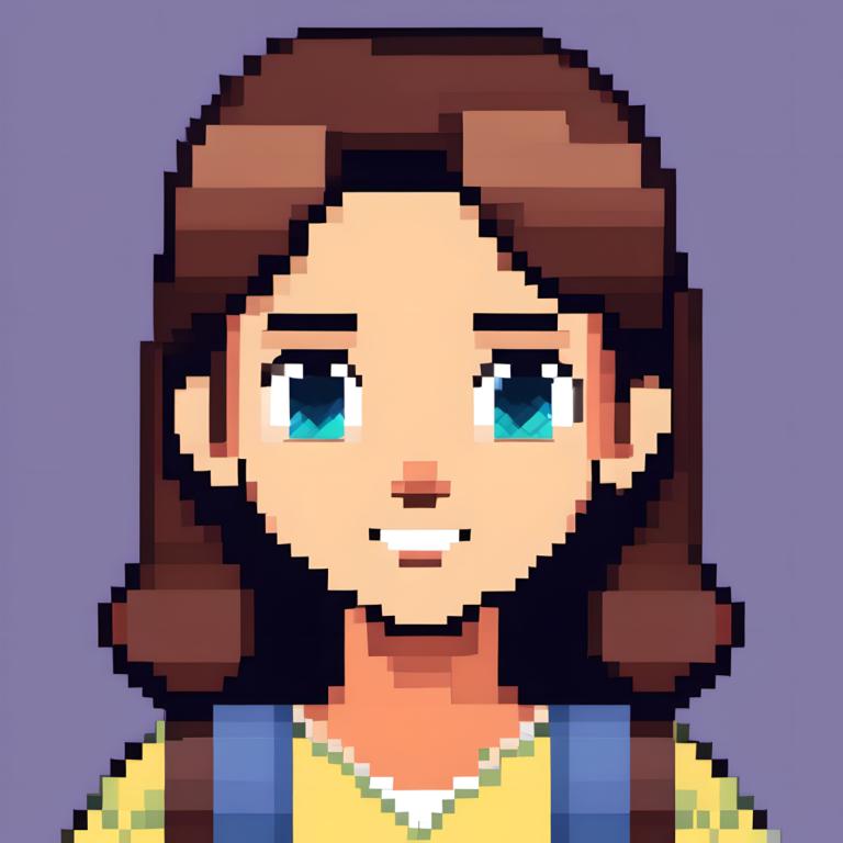 Pixel Art,Pixel Art, People, girl, solo, brown hair, facial hair, 1boy, blue eyes, yellow shirt, shirt