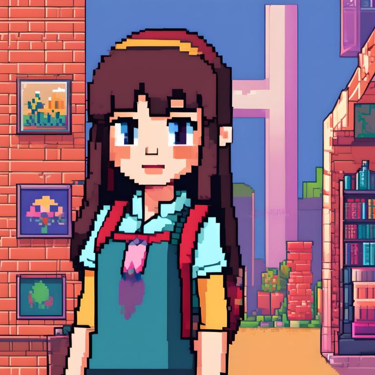 Pixel Art,Pixel Art, People, girl, 1girl, solo, long hair, brown hair, shirt, brick wall, blue eyes