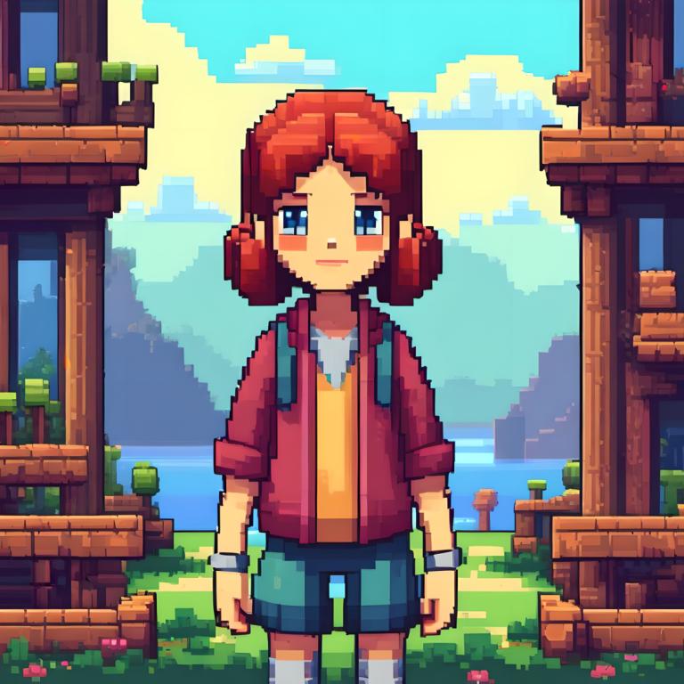 Pixel Art,Pixel Art, People, girl, solo, 1girl, blue eyes, shorts, green shorts, outdoors, grass, shirt