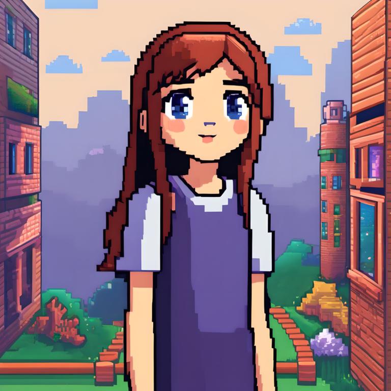 Pixel Art,Pixel Art, People, girl, 1girl, solo, brown hair, blue eyes, long hair, blush stickers, outdoors