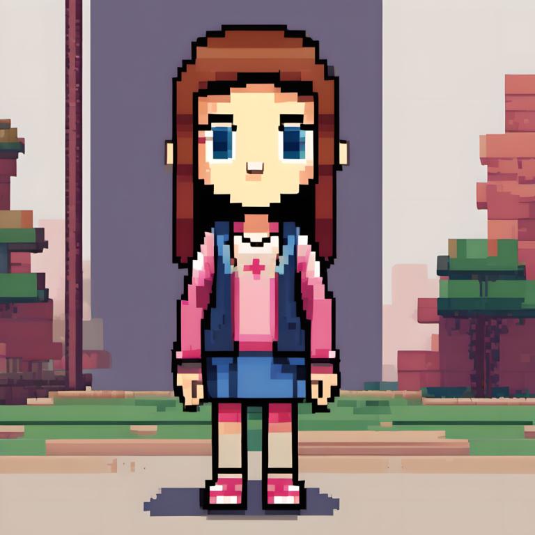 Pixel Art,Pixel Art, People, girl, 1girl, brown hair, solo, skirt, blue eyes, long hair, pink footwear, shirt