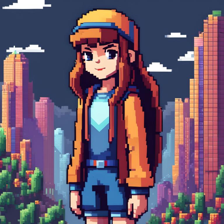 Pixel Art,Pixel Art, People, girl, 1girl, solo, brown hair, long hair, shorts, smile, shirt, blue shorts