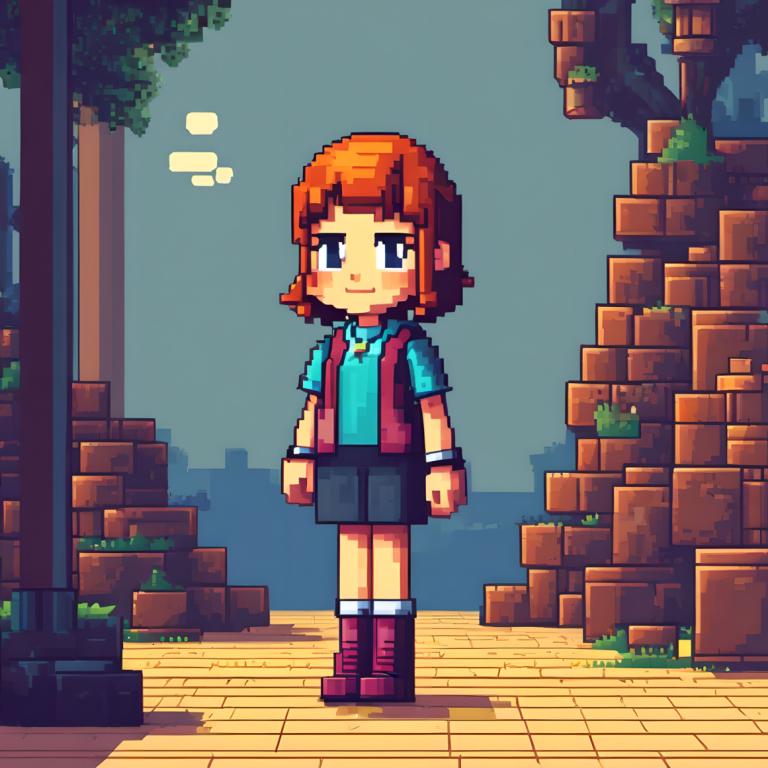 Pixel Art,Pixel Art, People, girl, 1girl, solo, shirt, smile, orange hair, short hair, outdoors, jewelry