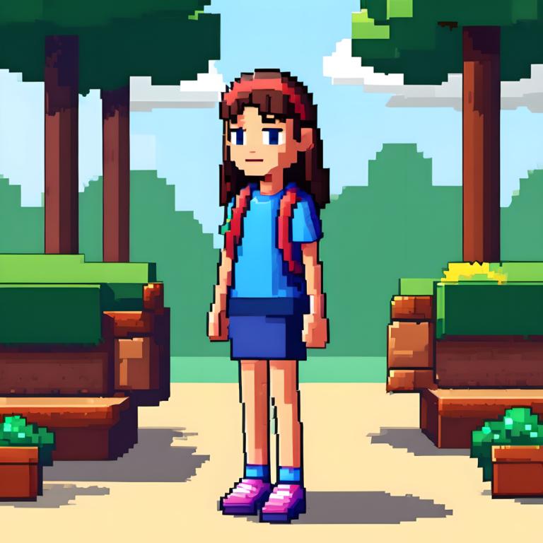 Pixel Art,Pixel Art, People, girl, 1girl, solo, brown hair, shirt, outdoors, backpack, blue eyes, blue shirt