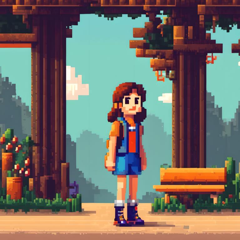 Pixel Art,Pixel Art, People, girl, 1girl, brown hair, solo, shirt, outdoors, overalls, standing, day, sky