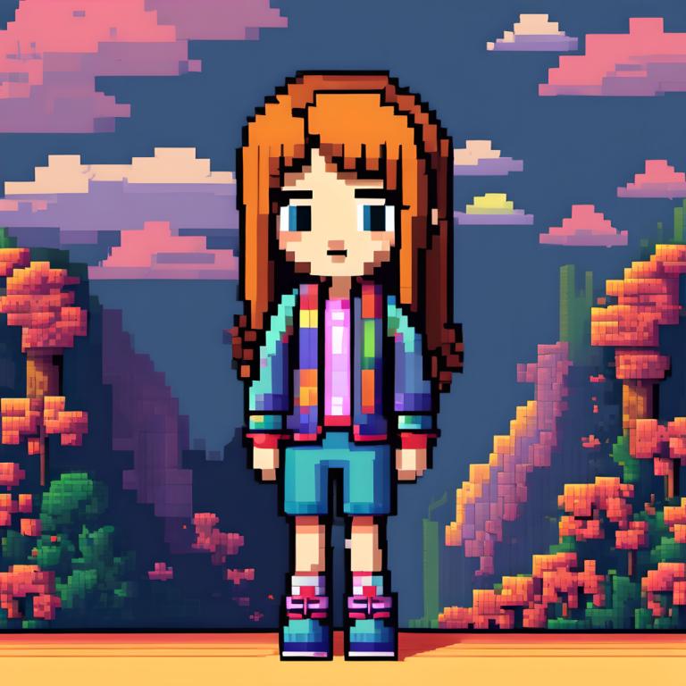 Pixel Art,Pixel Art, People, girl, 1girl, solo, long hair, shirt, shorts, cloud, blue shorts, outdoors