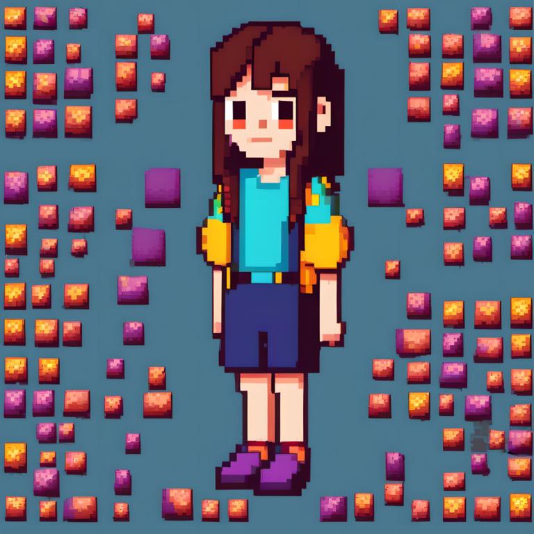 Pixel Art,Pixel Art, People, girl, shirt, solo, 1girl, brown hair, shorts, long hair, standing, full body