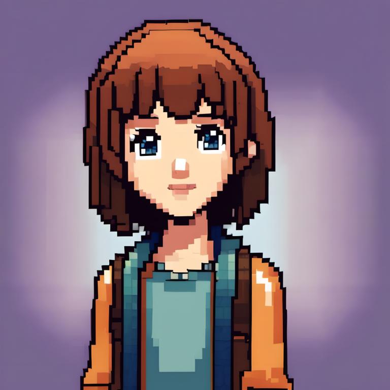 Pixel Art,Pixel Art, People, girl, 1girl, solo, brown hair, blue eyes, shirt, short hair, looking at viewer