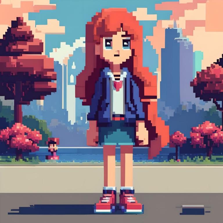 Pixel Art,Pixel Art, People, girl, 1girl, tree, red footwear, long hair, outdoors, shirt, jacket, shoes