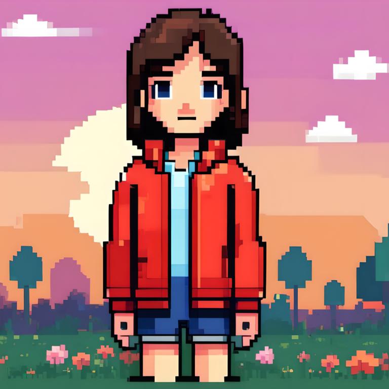 Pixel Art,Pixel Art, People, girl, solo, brown hair, red jacket, blue eyes, jacket, shorts, flower, outdoors