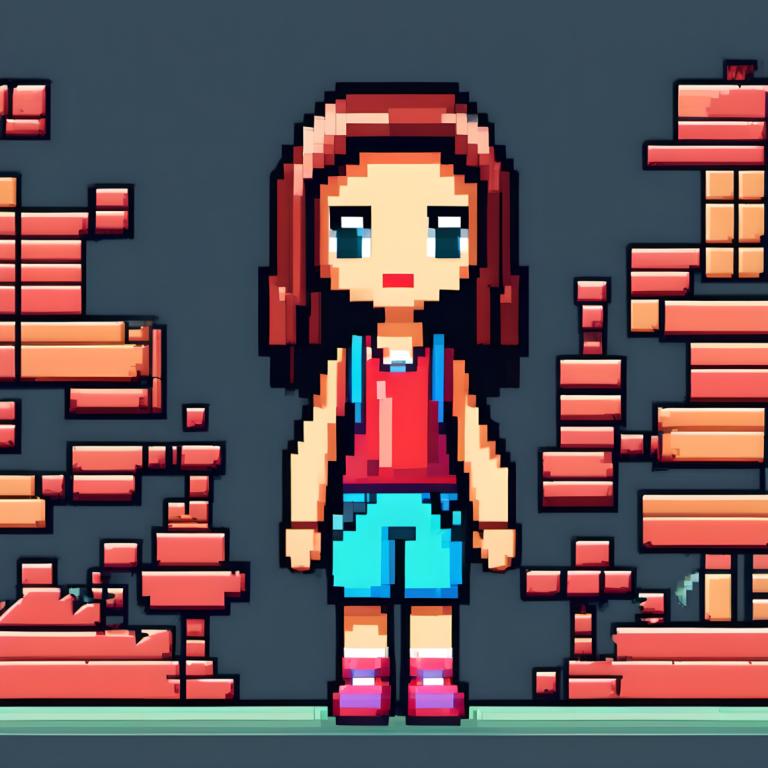 Pixel Art,Pixel Art, People, girl, 1girl, solo, shorts, brown hair, shirt, blue shorts, standing, striped