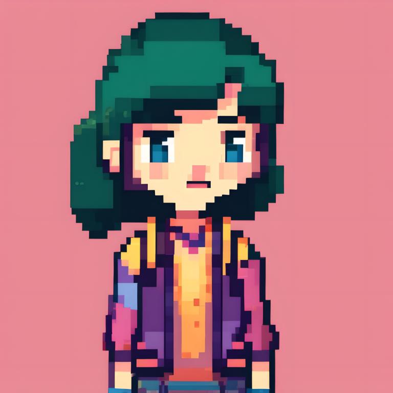 Pixel Art,Pixel Art, People, girl, solo, blue eyes, pink background, green hair, 1boy, male focus