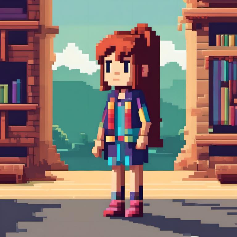 Pixel Art,Pixel Art, People, girl, solo, bookshelf, 1girl, brown hair, standing, book, long hair, shirt